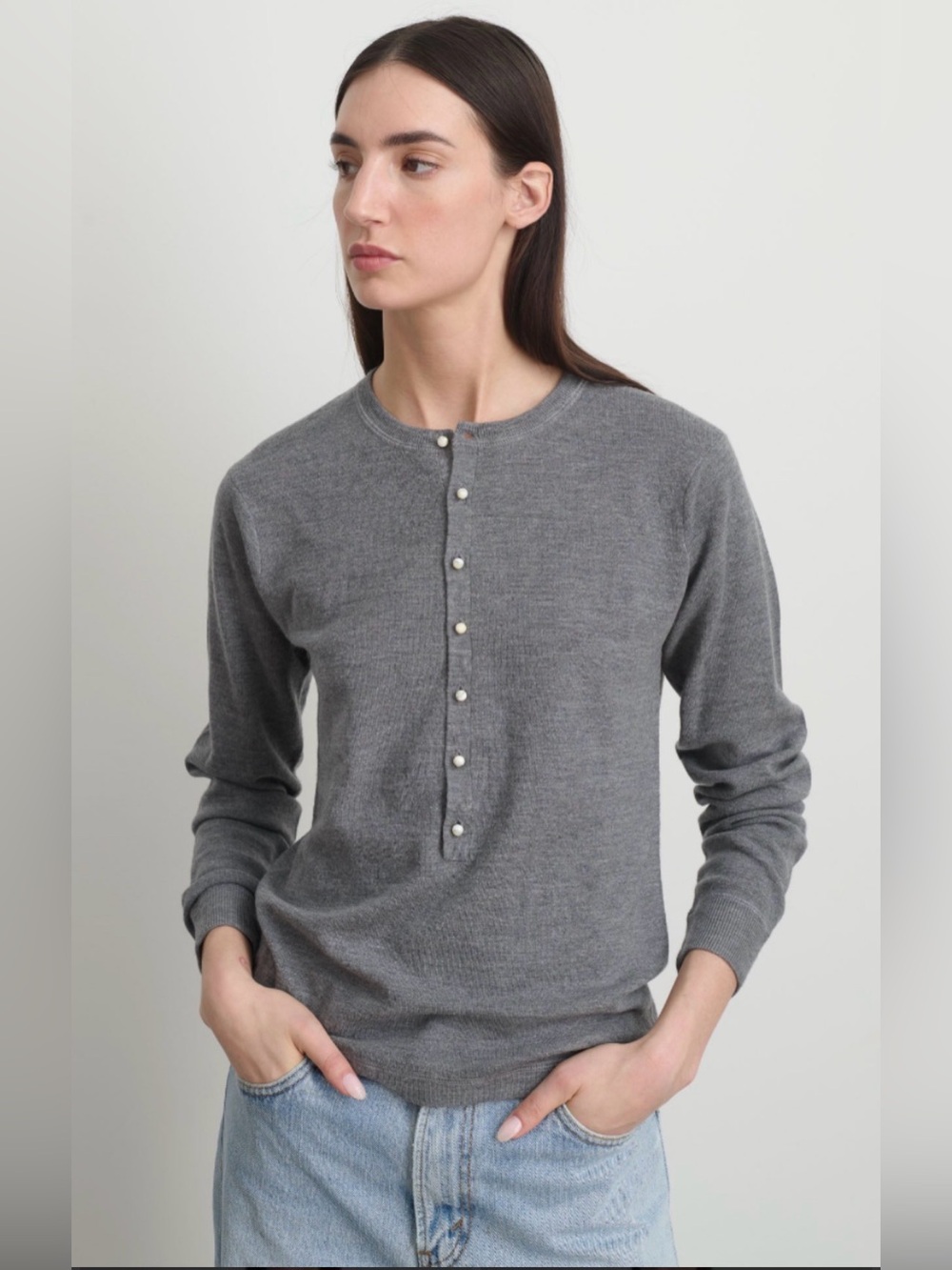 B SIDES Moore Super Fine Merino Henley Top size M heather grey